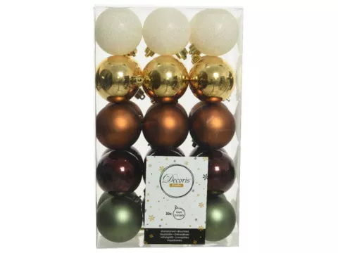 Decoris 020160 Kerstballen Kunststof Wit/goud/groen/bruin - 30 Stuks